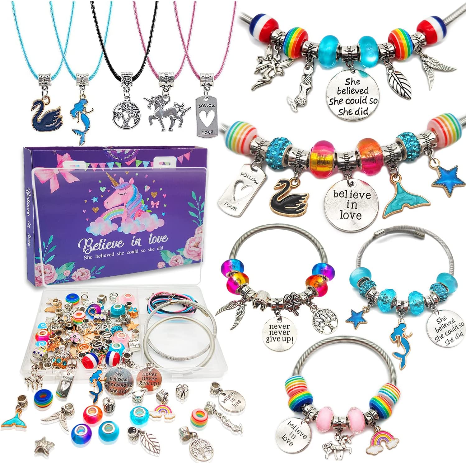 Fombas Charm Bracelet Making Kit, 135PCS Jewelry Making Kit,  Mermaid/Unicorn Girl Toys Art Supplies Crafts for Girls Age 8-12, Birthday  Gift/Christmas